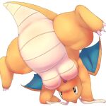  anthro breasts bunnag dragonite fangs featureless_breasts female handstand hanging_breasts hi_res membrane_(anatomy) membranous_wings nintendo open_mouth orange_body orange_scales pok&eacute;mon pok&eacute;mon_(species) scales simple_background smile solo spread_legs spreading upside_down video_games white_background wings 