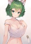  1girl :o absurdres animal_ears bare_arms bare_shoulders breasts cat_ears cat_girl cat_tail cleavage collarbone commission crop_top gradient gradient_background green_eyes green_hair hand_up highres kuroshiro_kanae large_breasts looking_at_viewer midriff navel original parted_lips shirt short_hair skeb_commission sleeveless sleeveless_shirt solo stomach strap_slip tail upper_body white_background white_shirt 
