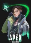  1boy absurdres apex_legends asian black_background black_gloves black_hair black_shirt brown_eyes copyright_name cropped_torso crypto_(apex_legends) drone frown gloves glowing green_vest hack_(apex_legends) highres jacket jewelry logo male_focus necklace partially_fingerless_gloves reborns shirt solo upper_body vest white_jacket 