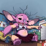  1:1 2021 2022 4_toes alien alien_humanoid angel_(lilo_and_stitch) antennae_(anatomy) antennae_markings anthro bed bedroom big_ears black_eyes body_size_growth bottomwear bra chest_tuft claws clothing cracked destruction detailed_background digital_drawing_(artwork) digital_media_(artwork) disney door ear_markings experiment_(lilo_and_stitch) eyebrows facial_markings feet female fingers fur furniture half-closed_eyes head_markings head_tuft hi_res human_to_anthro humanoid inside lilo_and_stitch lilo_pelekai long_antennae macro markings mawliet muumuu narrowed_eyes navel open_mouth pawpads pink_body pink_fur pleated_skirt plushie poster purple_claws purple_clothing purple_nose purple_pawpads raised_inner_eyebrows seashell shell size_transformation skirt solo species_transformation sports_bra stitch_(lilo_and_stitch) teeth text tf_into_fictional_character toes topwear torn_clothing transformation tuft underwear 