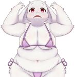  anthro areola areola_slip belly_rolls big_breasts bikini boss_monster bovid breasts bunnag caprine clothing female fur hi_res horn looking_at_viewer mammal overweight overweight_anthro overweight_female purple_bikini purple_clothing purple_swimwear raised_arms red_eyes side-tie_bikini simple_background solo swimwear toriel undertale undertale_(series) video_games white_background white_body white_fur 