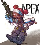  1girl absurdres apex_legends beige_tank_top black_pants blue_gloves cargo_pants chibi d.o.c._health_drone dark-skinned_female dark_skin double_bun gloves gun highres holding holding_gun holding_weapon lifeline_(apex_legends) light_machine_gun m600_spitfire navel open_mouth pants red_hair robot solo splinter_fish59 trigger_discipline v-shaped_eyebrows weapon white_headwear 