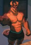  abs absurd_res anthro bottomwear bulge clothed clothing detailed_background hi_res high-angle_view horn inside looking_at_viewer male marshy_(artist) muscular muscular_anthro muscular_male nipples non-mammal_nipples open_mouth scalie selfie shorts smile solo teeth topless topless_anthro topless_male 