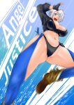  angel_(kof) blue_eyes boots bra breasts chaps cowboy_boots cropped_jacket curvy fingerless_gloves gloves hair_over_one_eye highres jacket kicking large_breasts leather leather_jacket open_mouth plump sk_(sk-g) snk strapless strapless_bra teeth the_king_of_fighters the_king_of_fighters_xiv the_king_of_fighters_xv underwear white_hair 