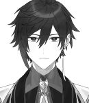  1boy bangs closed_mouth coat commentary_request earrings expressionless genshin_impact greyscale hair_between_eyes highres jewelry looking_at_viewer male_focus monochrome necktie poi_poifu portrait simple_background single_earring solo tassel tassel_earrings zhongli_(genshin_impact) 
