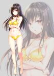  1girl annoyed bikini blush breasts brown_eyes brown_hair cleavage commentary_request grey_background kotegawa_yui large_breasts long_hair looking_at_viewer navel official_art solo standing swimsuit to_love-ru tsundere yabuki_kentarou yellow_bikini zoom_layer 
