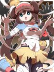  1girl absurdres bandaged_arm bandaged_leg bandaged_wrist bandages blue_eyes bound bound_wrists breasts brown_hair dirty dirty_clothes double_bun hands_up highres large_breasts leggings legwear_under_shorts long_hair long_sleeves looking_at_viewer open_mouth poke_ball_print pokemon pokemon_(game) pokemon_bw2 raglan_sleeves rosa_(pokemon) shabana_may shirt shorts sidelocks solo torn_clothes torn_legwear twintails visor_cap yamask yellow_shorts 