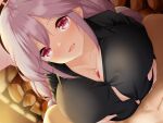  1girl aria_(okuda08808008) blue_archive breasts highres large_breasts long_hair looking_at_viewer paizuri paizuri_under_clothes pink_hair precum smile tomoe_(blue_archive) 