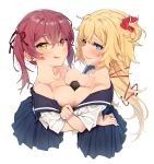  1girl 2girls absurdres agnamore akai_haato bangs blonde_hair blue_eyes blush breast_press breasts hair_ornament heart heart_hair_ornament heterochromia highres hololive hololive_fantasy houshou_marine long_hair looking_at_viewer multiple_girls red_eyes red_hair red_ribbon ribbon sexually_suggestive symmetrical_docking tongue tongue_out twintails virtual_youtuber yellow_eyes 