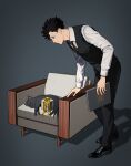 1boy animal black_background black_eyes black_footwear black_hair black_neckwear black_pants black_vest book cat chair closed_mouth collared_shirt dress_shirt full_body gift haikyuu!! highres holding holding_book kuroo_tetsurou long_sleeves male_focus necktie pants profile shirt shoes short_hair smile solo standing vest vgmt white_shirt 