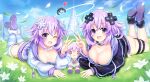  2girls :d ;d adult_neptune alternate_hair_length alternate_hairstyle ass bare_legs black_choker black_jacket blush_stickers breast_press breasts character_doll choker cleavage d-pad d-pad_hair_ornament day feet_up flower giga-tera hair_between_eyes hair_ornament hand_up happy highres hood hooded_jacket jacket legs_folded looking_at_viewer lying medium_breasts medium_hair multiple_girls neptune_(neptune_series) neptune_(series) no_bra no_pants on_grass on_ground on_stomach one_eye_closed outdoors petals purple_eyes purple_hair small_breasts smile striped striped_legwear thigh_strap thighhighs upskirt usb v white_choker white_jacket 