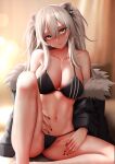  1girl ahoge animal_ear_fluff animal_ears bare_shoulders bikini black_bikini black_nails blurry blurry_background breasts cleavage closed_mouth collarbone ear_piercing fur-trimmed_jacket fur_trim ginhaha grey_eyes groin highres hololive jacket knee_up large_breasts lion_ears long_hair looking_at_viewer mixed-language_commentary navel off_shoulder piercing shishiro_botan sidelocks sitting solo swimsuit thighs two_side_up virtual_youtuber white_hair 