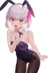  1girl animal_ears bare_shoulders blush breasts candy cleavage collarbone covered_navel cowboy_shot detached_collar eyebrows_visible_through_hair eyes_visible_through_hair fake_animal_ears fate/grand_order fate_(series) food highres kama_(fate) leotard lollipop looking_at_viewer pantyhose playboy_bunny purple_hair rabbit_ears red_eyes revision short_hair siino simple_background sleeveless smile solo standing strapless strapless_leotard white_background wrist_cuffs 