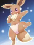  blush bunnag chest_tuft christmas clothed clothing eevee female flat_chested hi_res holidays nintendo nipples on_one_leg panties panties_only pawpads paws pok&eacute;mon pok&eacute;mon_(species) purple_eyes semi-anthro simple_background snow solo standing thick_thighs topless tuft underwear underwear_only video_games 