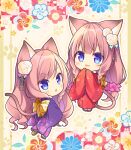  2girls :d :o animal_ears bangs black_footwear blue_eyes blush brown_footwear brown_hair cat_ears cat_girl cat_tail chibi commentary_request eyebrows_visible_through_hair floral_print flower hair_flower hair_ornament japanese_clothes kimono long_hair long_sleeves multiple_girls original outline parted_lips print_kimono purple_kimono red_kimono rose ryuuka_sane shoe_soles sleeves_past_fingers sleeves_past_wrists smile socks standing tabi tail very_long_hair white_flower white_legwear white_outline white_rose wide_sleeves zouri 