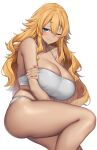  1girl absurdres bangs bare_arms bare_legs bare_shoulders blue_eyes blush breasts cleavage closed_mouth dark-skinned_female dark_skin highres large_breasts one_eye_closed orange_hair original panties simple_background smile solo suruga_(xsurugax) thighs underwear white_background white_panties 