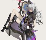  1girl absurdres asymmetrical_legwear black_dress black_footwear black_gloves black_legwear breasts bronya_zaychik bronya_zaychik_(silverwing:_n-ex) china_dress chinese_clothes crossed_legs dress gloves grey_background grey_eyes grey_hair highres holding honkai_(series) honkai_impact_3rd kuo_(kuo114514) long_hair looking_at_viewer medium_breasts money pipe pipe_in_mouth ponytail round_eyewear shoes short_shorts shorts simple_background single_sock single_thighhigh sitting_sideways socks solo staff sunglasses thighhighs thighs white_shorts 