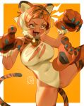  1girl animal_ears animal_hands animal_print bell black_hair border breasts claw_pose cleavage covered_navel dated english_commentary error gloves highres leotard multicolored_hair neck_bell orange_hair original paw_gloves paw_shoes poch4n smile solo streaked_hair thighhighs tiger_ears tiger_print v-shaped_eyebrows white_border white_hair white_leotard yellow_eyes 