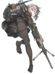  1girl :o absurdres backpack bag bipod black_gloves black_legwear black_skirt bolt_action brown_jacket cheytac_m200 girls&#039;_frontline gloves grey_hair gun highres holding holding_gun holding_weapon jacket light_purple_eyes long_sleeves looking_at_viewer looking_back m200_(girls&#039;_frontline) miniskirt pantyhose pleated_skirt rifle short_hair simple_background skirt sniper_rifle solo tai_san_ps4 thighband_pantyhose trigger_discipline weapon white_background 