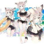  1girl animal_ears ankle_strap arknights artist_name ass bare_legs bare_shoulders barefoot bikini black_bikini blonde_hair bracelet breasts cleavage closed_mouth collarbone cropped_torso dated fox_ears fox_girl fox_tail from_behind full_body green_eyes highres hiroe holding innertube jewelry looking_at_viewer looking_back low_twintails multiple_views navel necklace nintendo_switch official_alternate_costume one_eye_closed parted_lips playing_games see-through short_hair short_ponytail small_breasts smile sussurro_(arknights) sussurro_(summer_flowers)_(arknights) swimsuit tail twintails upper_body water 