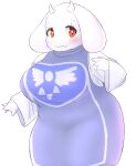  anthro big_breasts boss_monster bovid breasts bunnag caprine clothing dress female fur hi_res horn looking_at_viewer mammal simple_background solo standing toriel undertale undertale_(series) video_games white_background white_body white_fur 