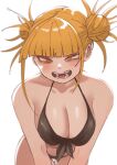  absurdres bangs bare_shoulders bent_over bikini black_bikini blonde_hair blunt_bangs blush boku_no_hero_academia breast_squeeze breasts cleavage collarbone cowboy_shot double_bun fangs foreshortening front-tie_top hanging_breasts highres large_breasts looking_at_viewer navel open_mouth smile swimsuit thigh_gap toga_himiko tsurime yellow_eyes zd_(pixiv6210083) 