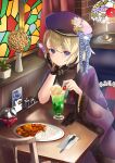  1girl alternate_costume azur_lane beret black_gloves blonde_hair curry curry_rice eyebrows_visible_through_hair food fur_trim gloves gloves_removed hat highres indoors japanese_clothes kimono looking_at_viewer manjirou_(manji_illust) meowfficer_(azur_lane) pillow plant potted_plant pov_dating purple_eyes purple_headwear purple_kimono rice short_hair sitting solo spoon wide_sleeves z23_(azur_lane) 