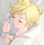  1boy blonde_hair closed_eyes commentary from_above hood hoodie kagamine_len lying male_focus nail_polish naoko_(naonocoto) on_side short_ponytail sleeping solo spiked_hair vocaloid white_hoodie yellow_nails 