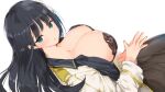  1girl black_bra black_hair bra breasts breasts_outside chestnut_mouth collarbone from_above from_side green_eyes ikaruga_(senran_kagura) lace lace_bra large_breasts long_hair long_sleeves looking_at_viewer lying on_back open_clothes open_mouth open_shirt palms_together sailor_collar school_uniform senran_kagura simple_background tawawa tsurime underwear white_background yaegashi_nan 