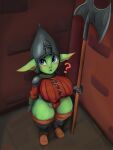  2021 ? armor axe big_breasts blue_eyes breasts cranihum female goblin headgear helmet hi_res huge_breasts humanoid humanoid_pointy_ears melee_weapon not_furry solo tani_(cranihum) thick_thighs weapon 