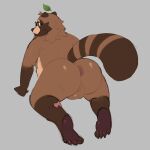  2021 anthro anus balls brown_body butt canid canine eyewear genitals glasses hi_res humanoid_hands leaf male mammal overweight overweight_male raccoon_dog roseonapot simple_background solo tanuki 