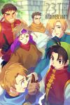  1girl 5boys bandana black_hair brown_eyes brown_hair cleo_(suikoden) closed_mouth echo_(circa) gensou_suikoden gensou_suikoden_i gloves gremio_(gensou_suikoden) multiple_boys open_mouth pahn_(gensou_suikoden) scar scarf short_hair smile ted_(suikoden) teo_mcdohl tir_mcdohl 