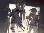  3girls adapted_costume alternate_eye_color antenna_hair bare_shoulders battle_rifle breasts brown_hair commentary english_commentary eyebrows_visible_through_hair girls&#039;_frontline glowing glowing_eyes gradient_hair green_eyes grin gun long_hair m14 m14_(girls&#039;_frontline) medium_breasts multicolored_hair multiple_girls multiple_persona off_shoulder orange_eyes pleated_skirt rifle sidelocks skindentation skirt smile thighhighs tied_hair twintails very_long_hair warashi weapon 