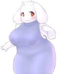  anthro areola big_breasts boss_monster bovid breasts bunnag caprine clothing dress female fur hi_res horn looking_at_viewer mammal simple_background solo standing toriel translucent translucent_clothing translucent_dress undertale undertale_(series) video_games white_background white_body white_fur 