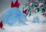 bergmite closed_mouth commentary_request eye_contact fangs fangs_out feraligatr from_side highres looking_at_another no_humans outdoors penurodae pokemon pokemon_(creature) red_eyes smile snow 