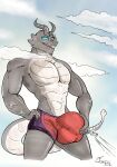  aircraft airplane anthro big_bulge blue_eyes bulge clothing cloud digital_media_(artwork) dragon flaccid genitals grey_body grin hi_res kardukk kardukk_(artist) kobold macro male multicolored_body penis pose reptile scalie shaded signature simple_background sky smile solo standing teeth traditional_media_(artwork) triplecorne two_tone_body underwear white_body 