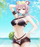 1girl absurdres aiv animal_ears arknights arm_up bangs bare_arms bare_shoulders bikini black_bikini black_choker black_shorts blue_sky breasts choker cloud commentary cowboy_shot day eyewear_on_head food fruit highres large_breasts lin_yuhsia_(arknights) long_hair looking_at_viewer mouse_ears navel open_fly outdoors pink_hair purple_eyes short_shorts shorts single_strap sky smile solo standing stomach sunglasses swimsuit water watermelon 