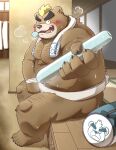  2022 anthro ashigara asian_clothing belly blush bodily_fluids clothing detailed_background east_asian_clothing hi_res hon55728 humanoid_hands inside japanese_clothing kemono lifewonders male mammal mawashi one_eye_closed overweight overweight_male sitting solo sweat tokyo_afterschool_summoners towel towel_around_neck ursid video_games wink 