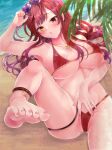  1girl absurdres bangs bikini blush breasts heterochromia highres hololive houshou_marine large_breasts long_hair looking_at_viewer mojimaru red_eyes red_hair smile solo swimsuit twintails virtual_youtuber yellow_eyes 