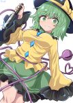  blouse bow buttons chups collared_blouse diamond_button eyeball frilled_shirt_collar frilled_sleeves frills green_eyes green_hair green_skirt hat hat_bow hat_ribbon heart heart_of_string highres holding holding_weapon knife komeiji_koishi light_green_hair long_sleeves ribbon shirt skirt third_eye touhou weapon wide_sleeves yellow_blouse yellow_shirt 