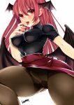  1girl bat_wings black_legwear blush breasts cameltoe crotch_seam from_below gusset hair_between_eyes head_wings koakuma long_hair medium_breasts pantyhose red_eyes red_hair red_skirt saliva saliva_trail simple_background skirt solo thick_thighs thighs tomo_asa_(confetto-o) tongue tongue_out touhou upskirt very_long_hair white_background wings 