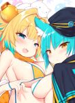  2girls :d animal_ear_fluff animal_ears animal_on_head bikini black_jacket blonde_hair blue_eyes bombergirl breasts cat cat_ears eyebrows_visible_through_hair fang hair_ornament highres jacket jacket_on_shoulders large_breasts looking_at_viewer multiple_girls on_head pine_(bombergirl) skin_fang smile swimsuit watanon_(gakushokutei) white_bikini yellow_bikini yellow_eyes 