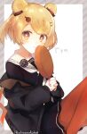  1girl :3 animal_ear_fluff animal_ears arknights bangs bear_ears black_jacket black_shirt black_skirt blonde_hair blush candy candy_hair_ornament closed_mouth eyebrows_visible_through_hair feet_out_of_frame food food-themed_hair_ornament frying_pan gummy_(arknights) hair_ornament hairclip holding jacket lollipop long_sleeves looking_at_viewer neckerchief off_shoulder open_clothes open_jacket orange_eyes orange_legwear own_hands_together pantyhose puffy_long_sleeves puffy_sleeves russian_text shirt skirt sleeves_past_wrists smile solo swirl_lollipop toufu_mentaru_zabuton twintails white_neckerchief 