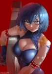  1girl absurdres blue_eyes blue_hair breasts ciel_(tsukihime) cleavage gloves gun harris_hero highres red_background short_hair solo tattoo tsukihime upper_body weapon 