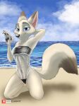  2022 absurd_res anthro arctic_fox canid canine clothed clothing disney female fox gris_swimsuit hi_res link6432 mammal nipples one-piece_swimsuit simple_background skye_(zootopia) smile solo swimwear translucent translucent_clothing translucent_swimwear water zootopia 