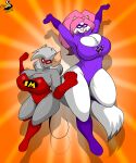  absurd_res anthro breasts chrisandcompany cleavage cleavage_cutout clothed clothing domestic_cat duo felid feline felis female hair hi_res mammal mouse murid murine rodent superhero_costume 