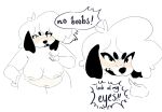  2022 anthro areola bangs belly black_ears black_eyebrows black_nose blush canid canine canis chubby_anthro chubby_female dialogue digital_media_(artwork) domestic_dog english_text eyebrows fangs female floppy_ears fluffy fluffy_hair fur gesture grumpy hair hi_res leaning leaning_forward looking_at_viewer mammal narrowed_eyes navel nipples nude open_mouth puppychan short_hair simple_background solo speech_bubble talking_to_viewer tan_areola tan_belly tan_nipples text white_body white_fur worm_with_teeth 