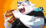 ! 2022 anthro biped burger canid canine canis clothing duo eating food hi_res humanoid_hands kemono male mammal nikiciy overweight overweight_male shirt teeth topwear wolf 