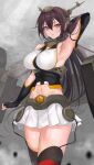  1girl arm_up armpits black_hair black_legwear breasts choker clothing_cutout collar detached_sleeves elbow_gloves fingerless_gloves gloves headgear highres kantai_collection large_breasts mexif nagato_(kancolle) navel navel_cutout red_eyes skirt solo thighhighs thighs 