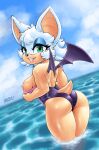  absurd_res anthro butt clothing eyeshadow female fur green_eyes hi_res lipstick looking_at_viewer looking_back makeup nipple_slip nipples pulling_clothing rouge_the_bat sea sega smile solo sonic_the_hedgehog sonic_the_hedgehog_(series) swimwear water white_body white_fur wings 